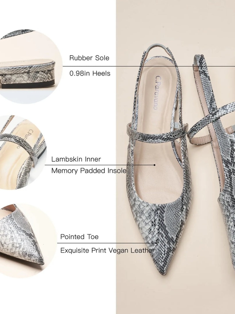C.Paoxano Pointed-Toe Snake-Print Mary Jane Flats in Gray - Picture 2 of 8